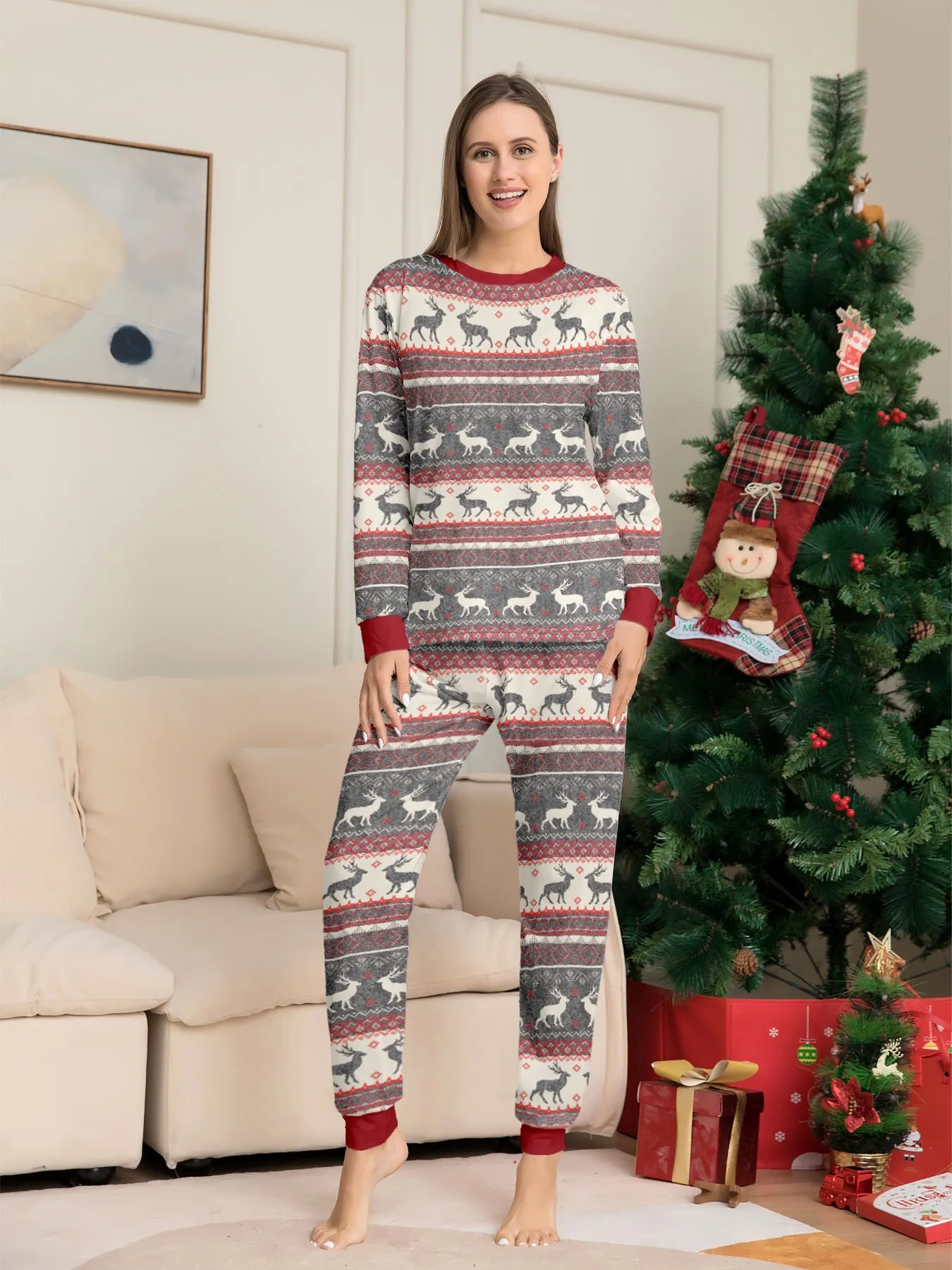 Family Parent-Child Elk Printed Flower Pajama Set