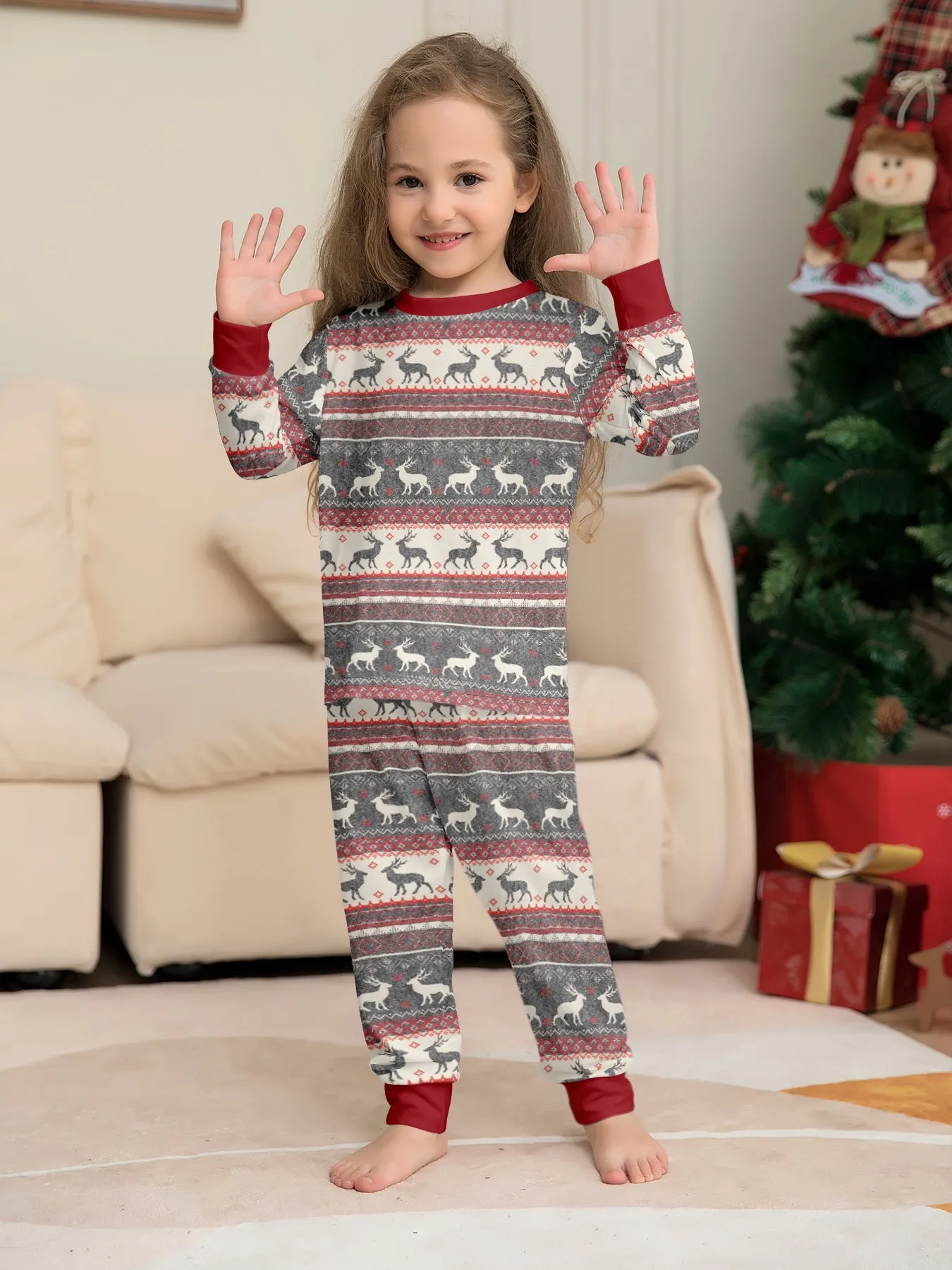 Family Parent-Child Elk Printed Flower Pajama Set