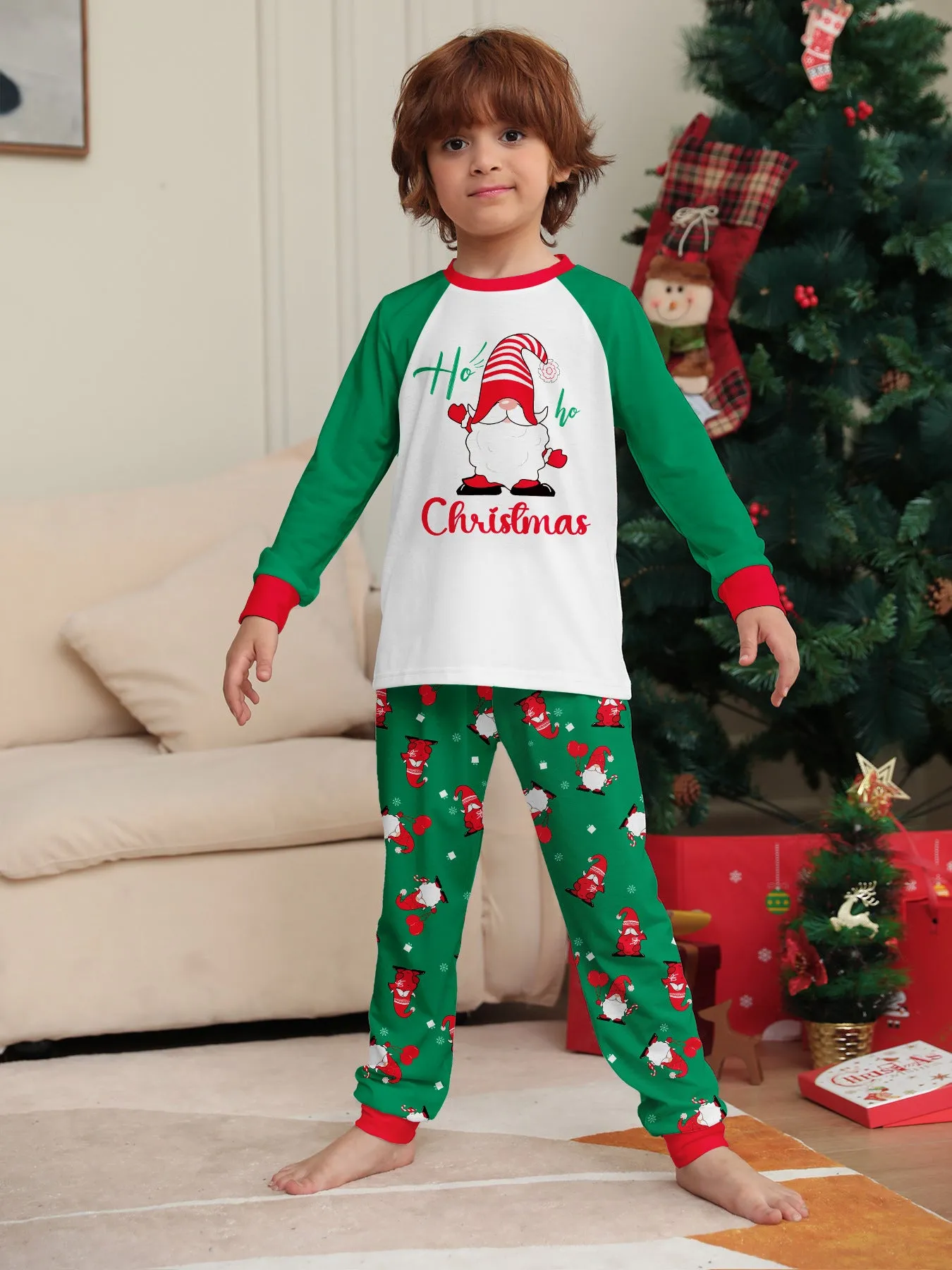 Family Parent-Child Green Printed Santa Pajama Set