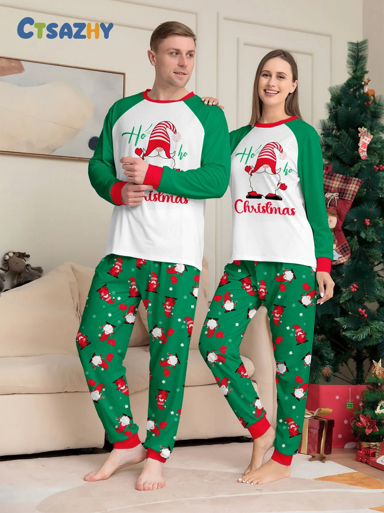 Family Parent-Child Green Printed Santa Pajama Set