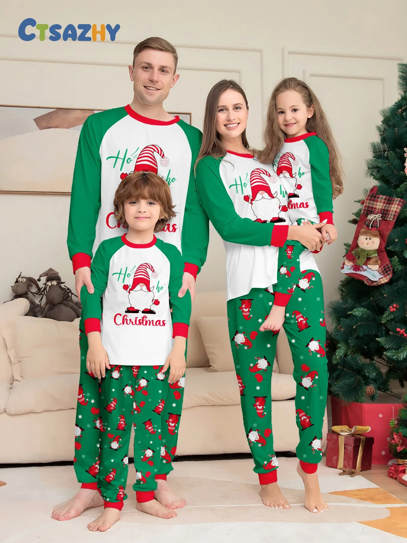 Family Parent-Child Green Printed Santa Pajama Set