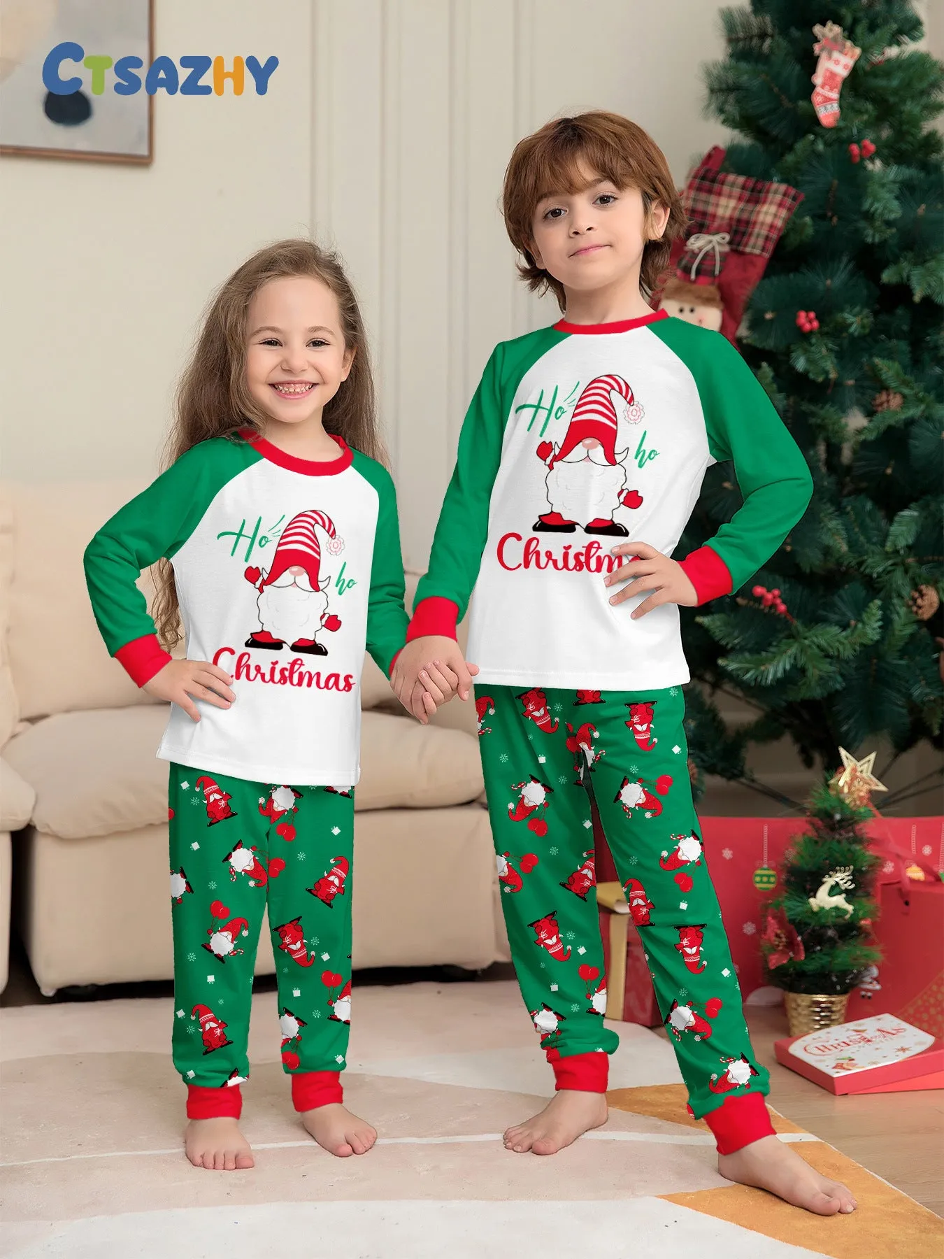 Family Parent-Child Green Printed Santa Pajama Set