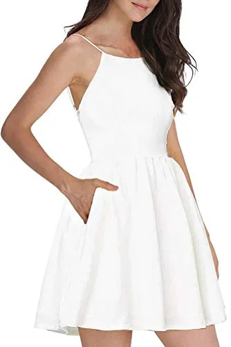 FANCYINN Women’s White Short Dress Spaghetti Strap Backless Mini Skater Juniors Dresses White M