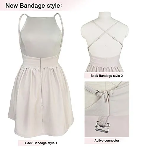 FANCYINN Women’s White Short Dress Spaghetti Strap Backless Mini Skater Juniors Dresses White M