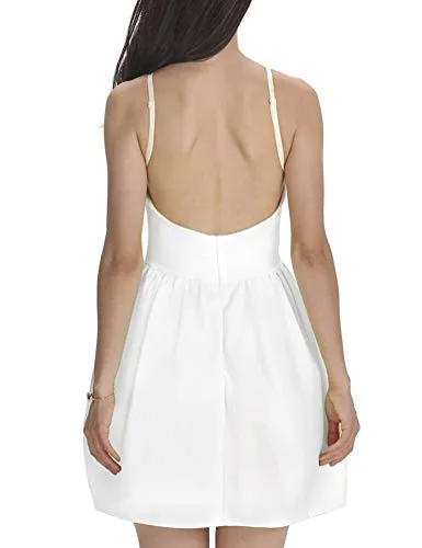 FANCYINN Women’s White Short Dress Spaghetti Strap Backless Mini Skater Juniors Dresses White M