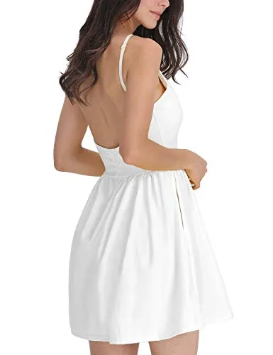 FANCYINN Women’s White Short Dress Spaghetti Strap Backless Mini Skater Juniors Dresses White M