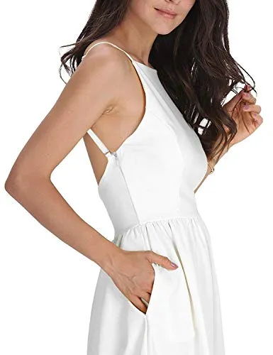 FANCYINN Women’s White Short Dress Spaghetti Strap Backless Mini Skater Juniors Dresses White M