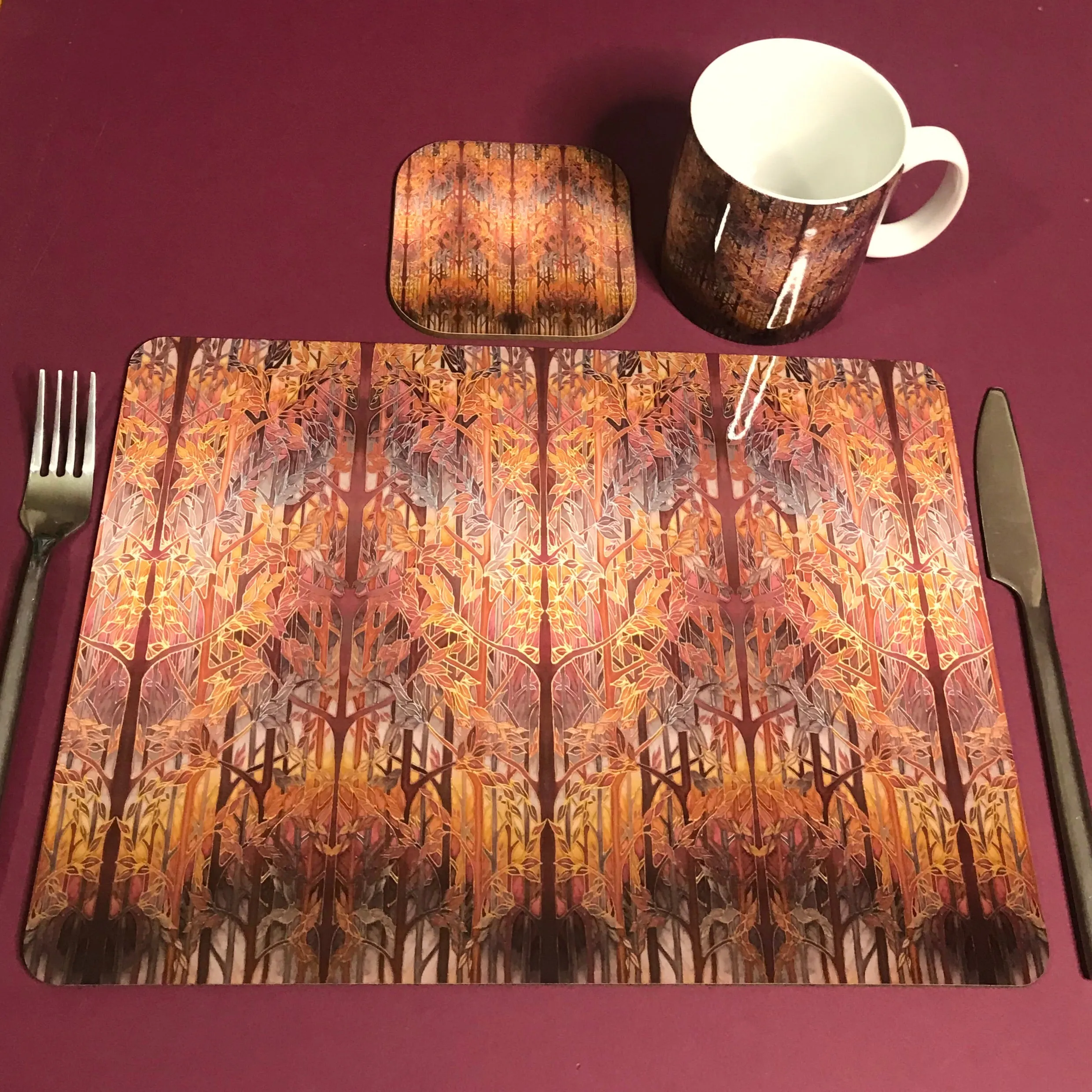 Forest Trees High Quality Table Mats and Coasters - Burgundy Terracotta Tableware - Copper Brown Burgundy Tableware