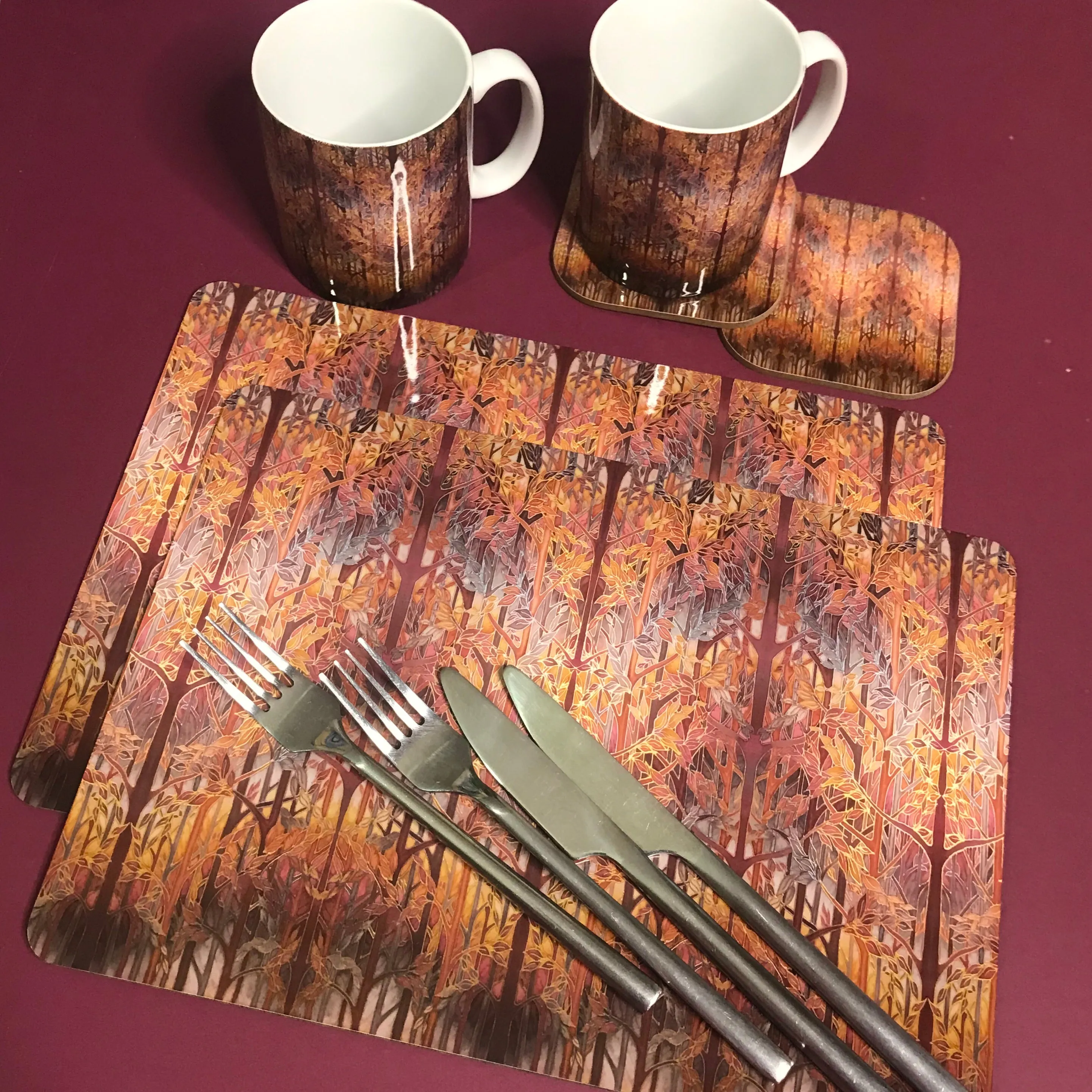 Forest Trees High Quality Table Mats and Coasters - Burgundy Terracotta Tableware - Copper Brown Burgundy Tableware