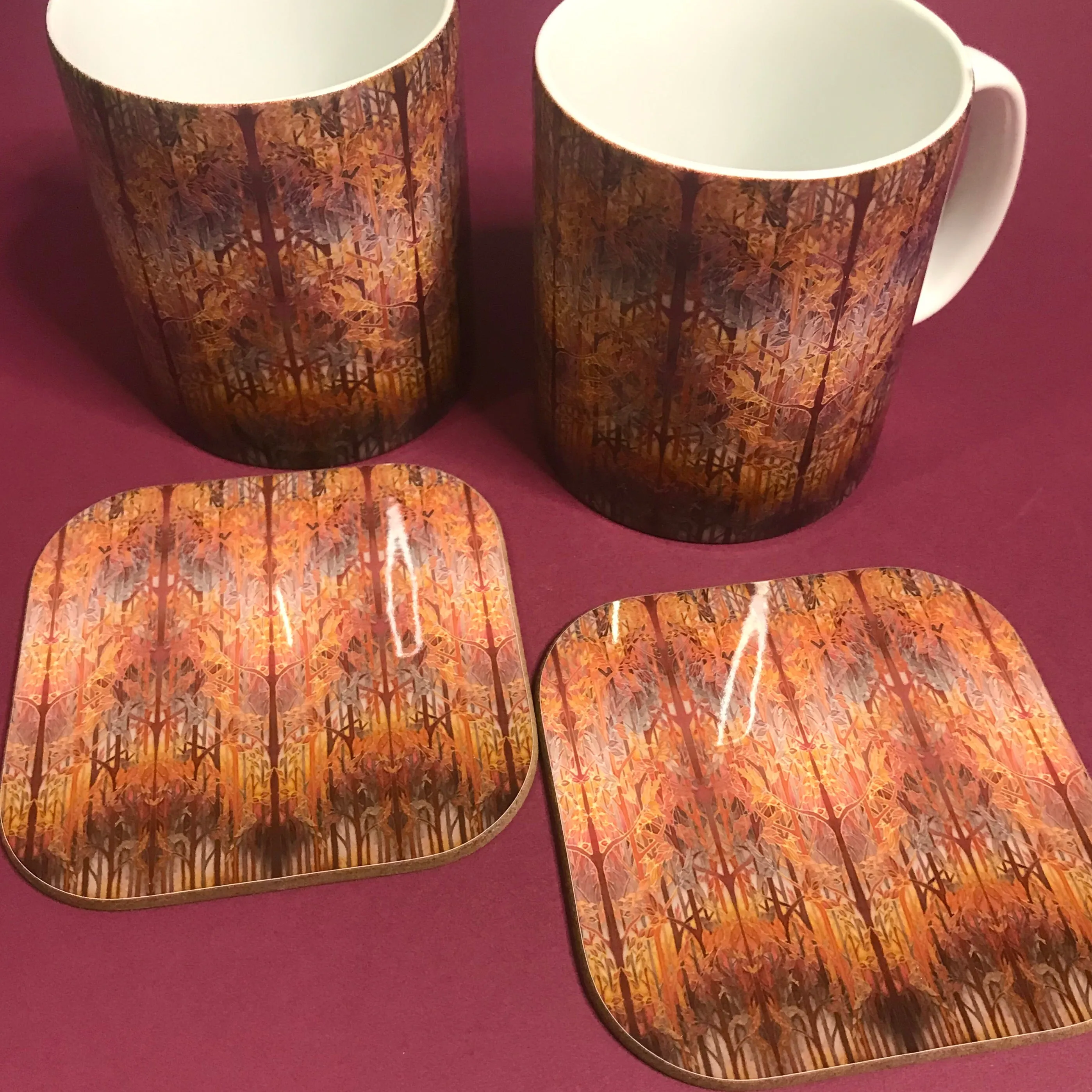 Forest Trees High Quality Table Mats and Coasters - Burgundy Terracotta Tableware - Copper Brown Burgundy Tableware