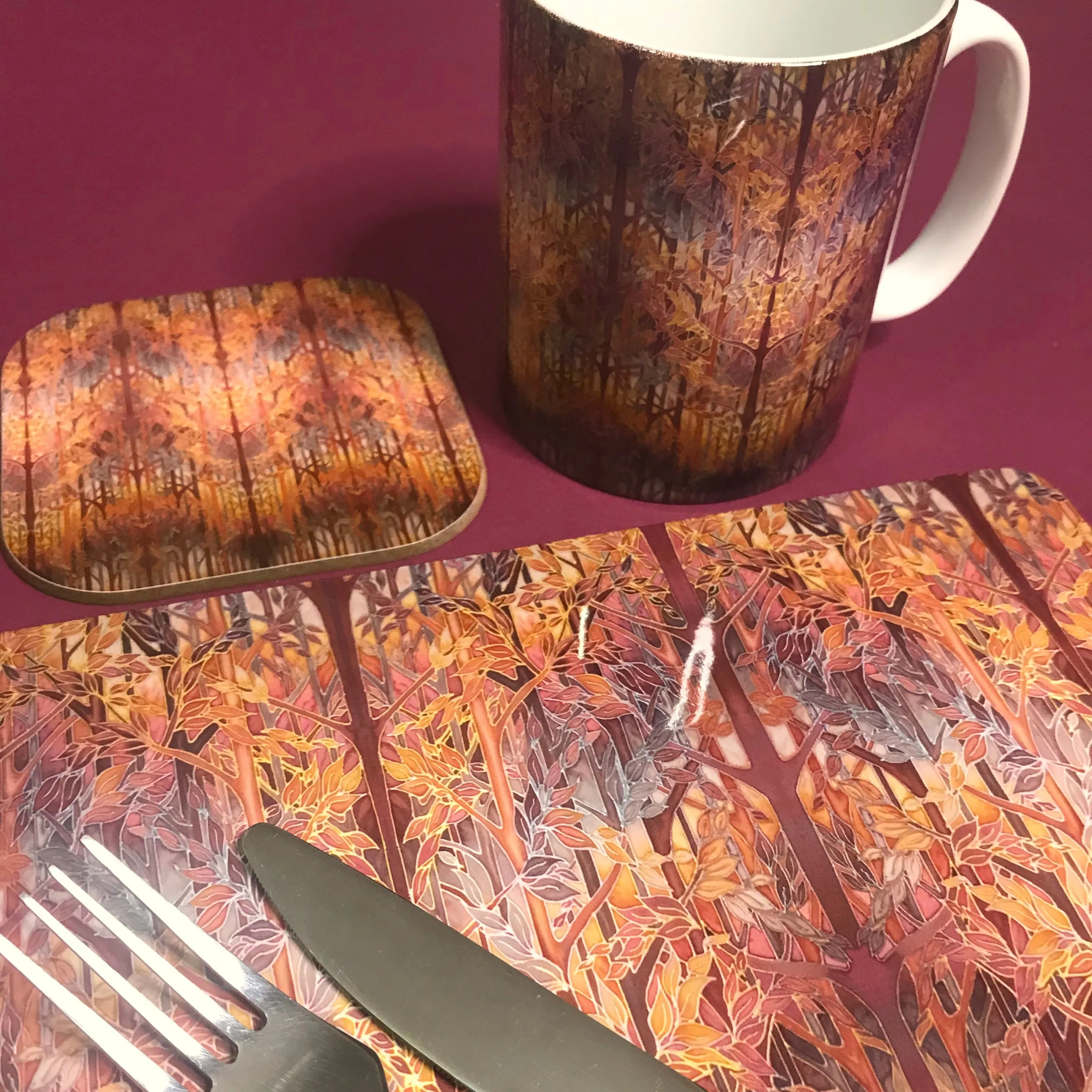 Forest Trees High Quality Table Mats and Coasters - Burgundy Terracotta Tableware - Copper Brown Burgundy Tableware