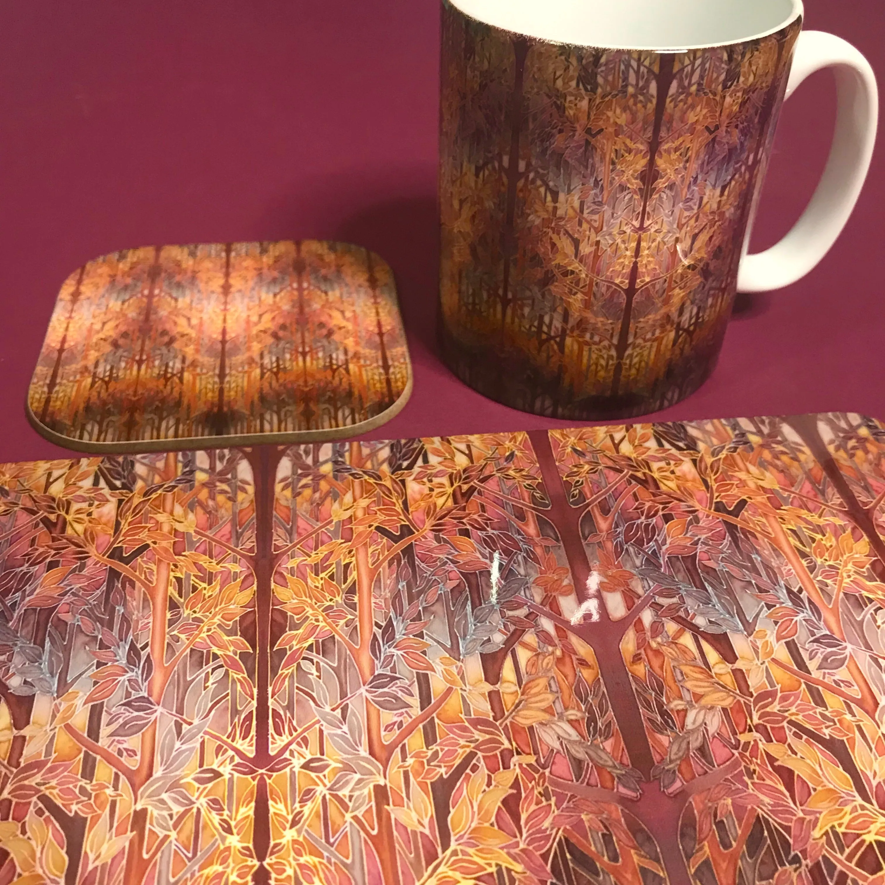 Forest Trees High Quality Table Mats and Coasters - Burgundy Terracotta Tableware - Copper Brown Burgundy Tableware