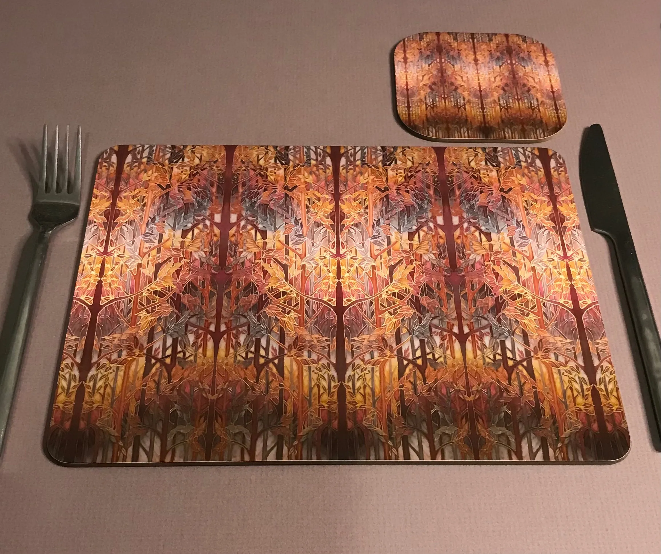 Forest Trees High Quality Table Mats and Coasters - Burgundy Terracotta Tableware - Copper Brown Burgundy Tableware