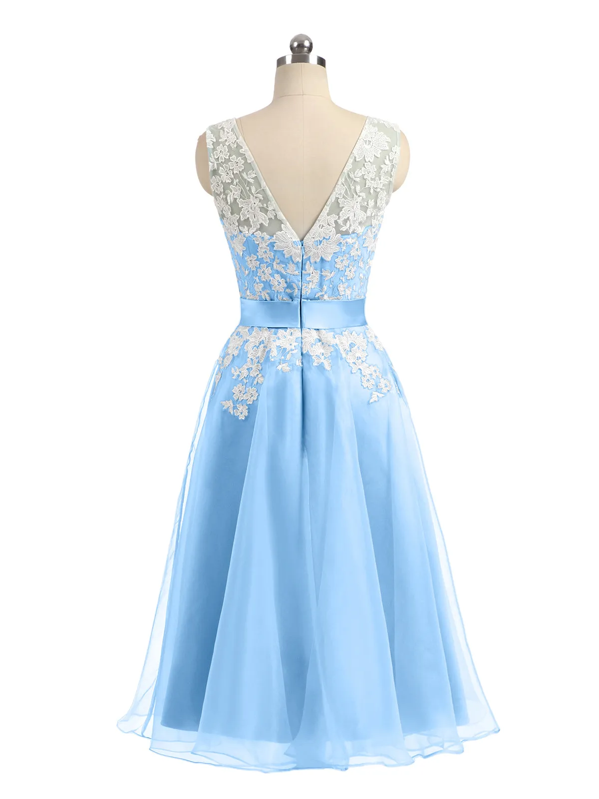 Illusion Neck Organza with Ivory Lace Appliqued Blue