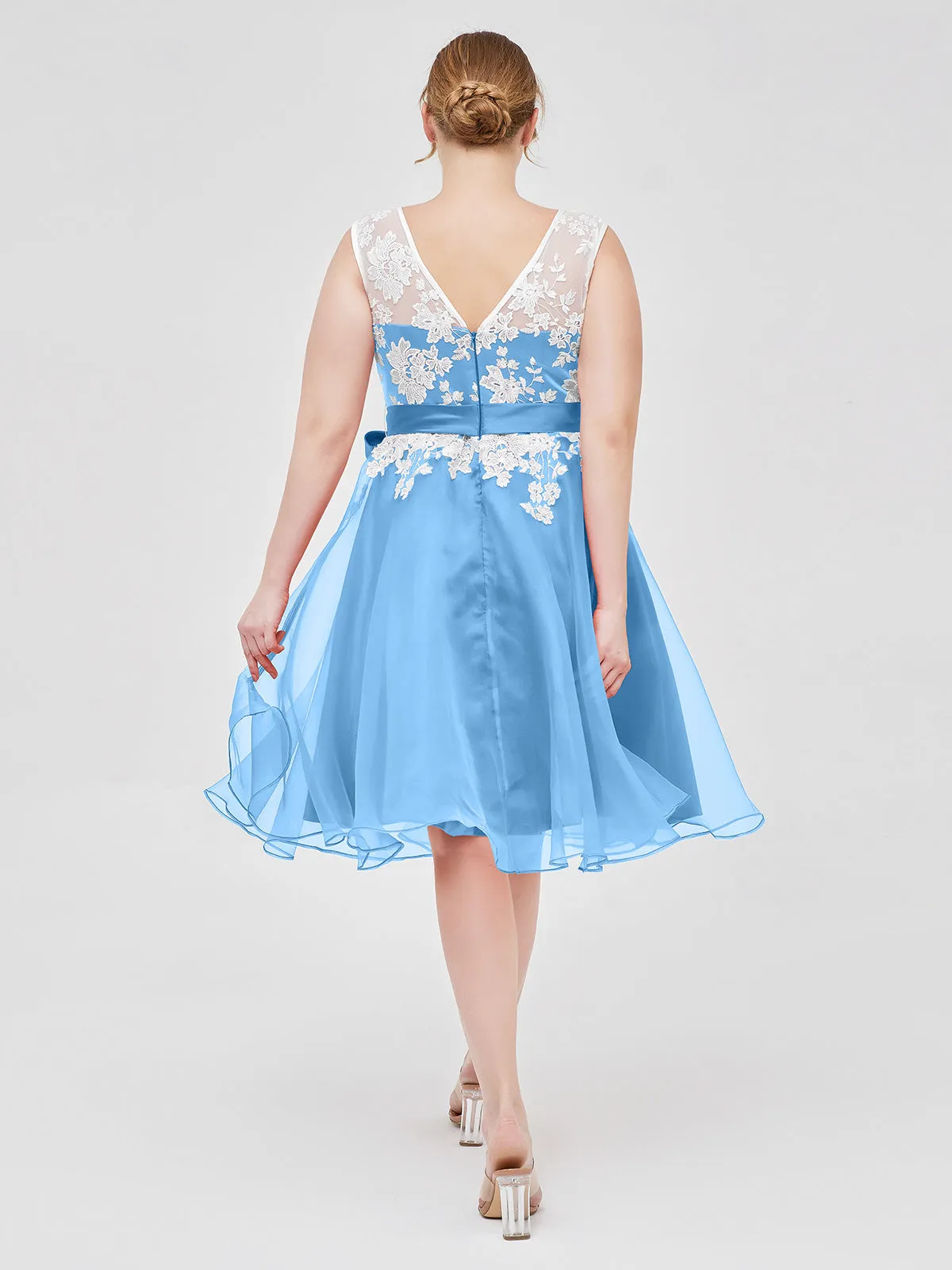 Illusion Neck Organza with Ivory Lace Appliqued Blue