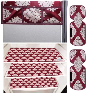 Kuber Industries Flower Design 3 Pieces PVC Fridge Mats,2 Piece Handle Cover and 1 Piece Fridge Top Cover (Maroon, Ctktc34068, Standard, Polyvinyl Chloride)