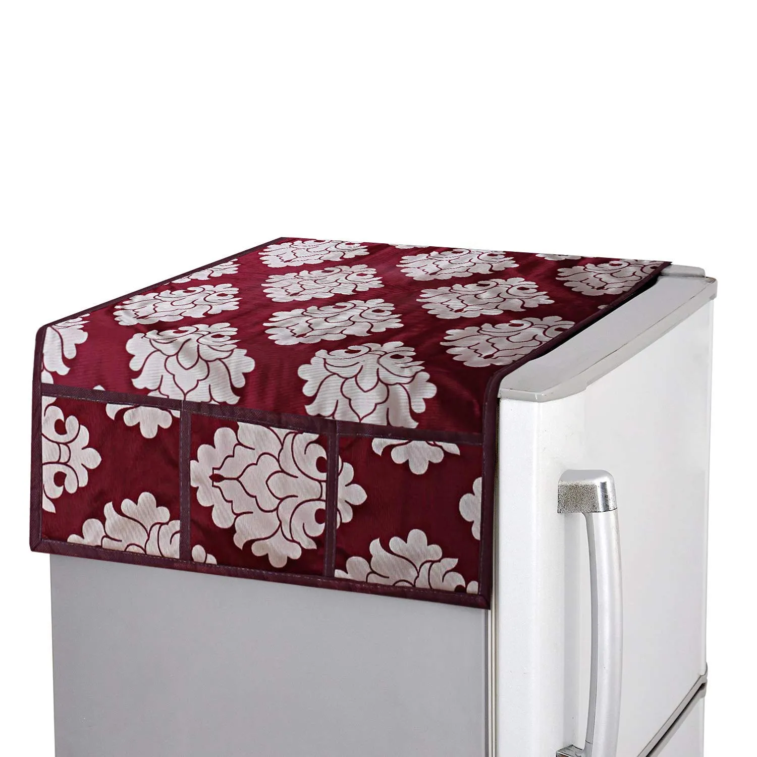 Kuber Industries Flower Design 3 Pieces PVC Fridge Mats,2 Piece Handle Cover and 1 Piece Fridge Top Cover (Maroon, Ctktc34068, Standard, Polyvinyl Chloride)