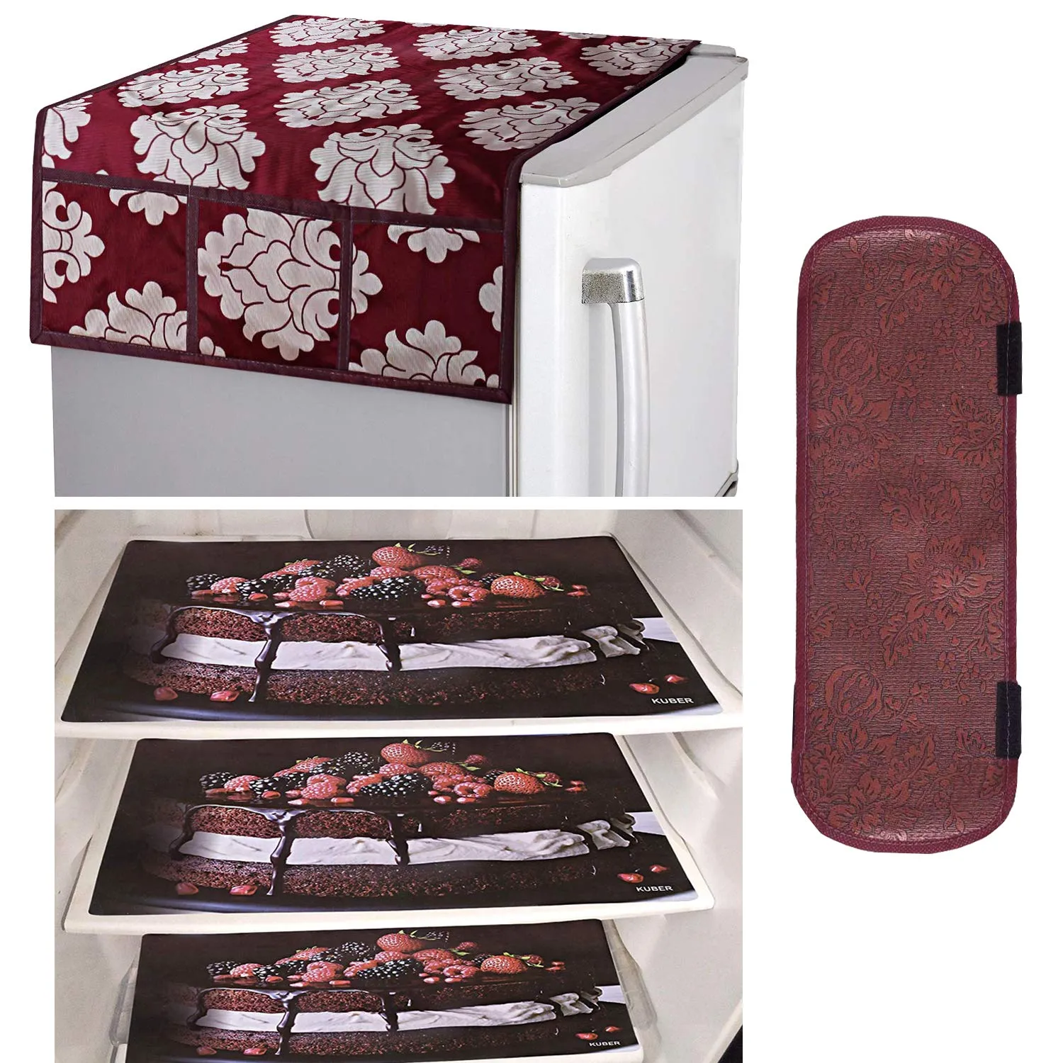 Kuber Industries Pvc 3 Pieces Fridge Mats, 1 Piece Handle Cover And 1 Piece Fridge Top Cover (Maroon, 5 Pieces, Ctktc14567, Polyvinyl Chloride)