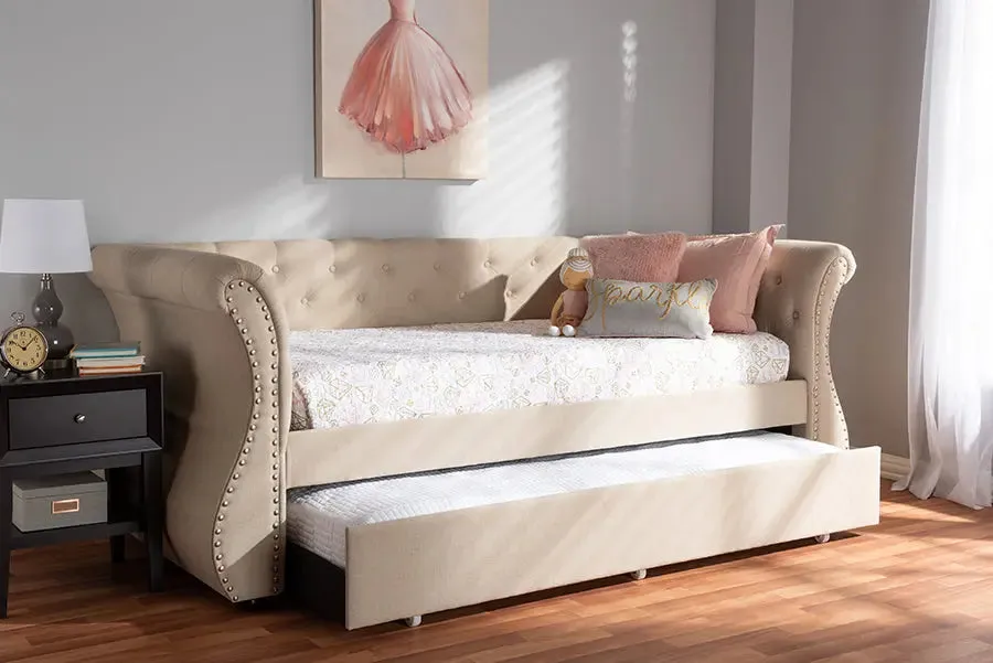 Madelynn Classic and Contemporary Beige Fabric Upholstered Daybed w/Trundle