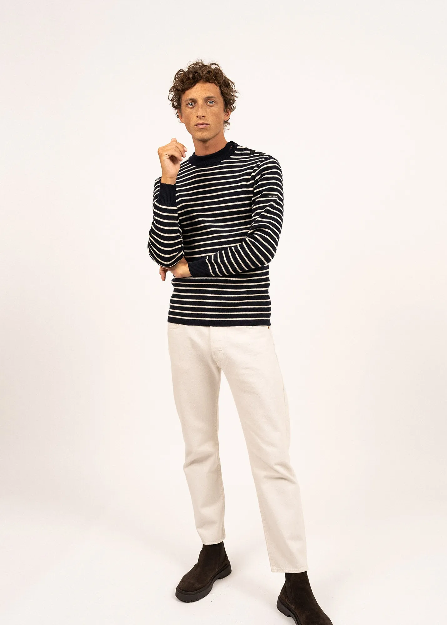 MATELOT - Authentic Striped Wool Fisherman Sweater with Button Shoulder |Slim Fit  (NAVY / ECRU)