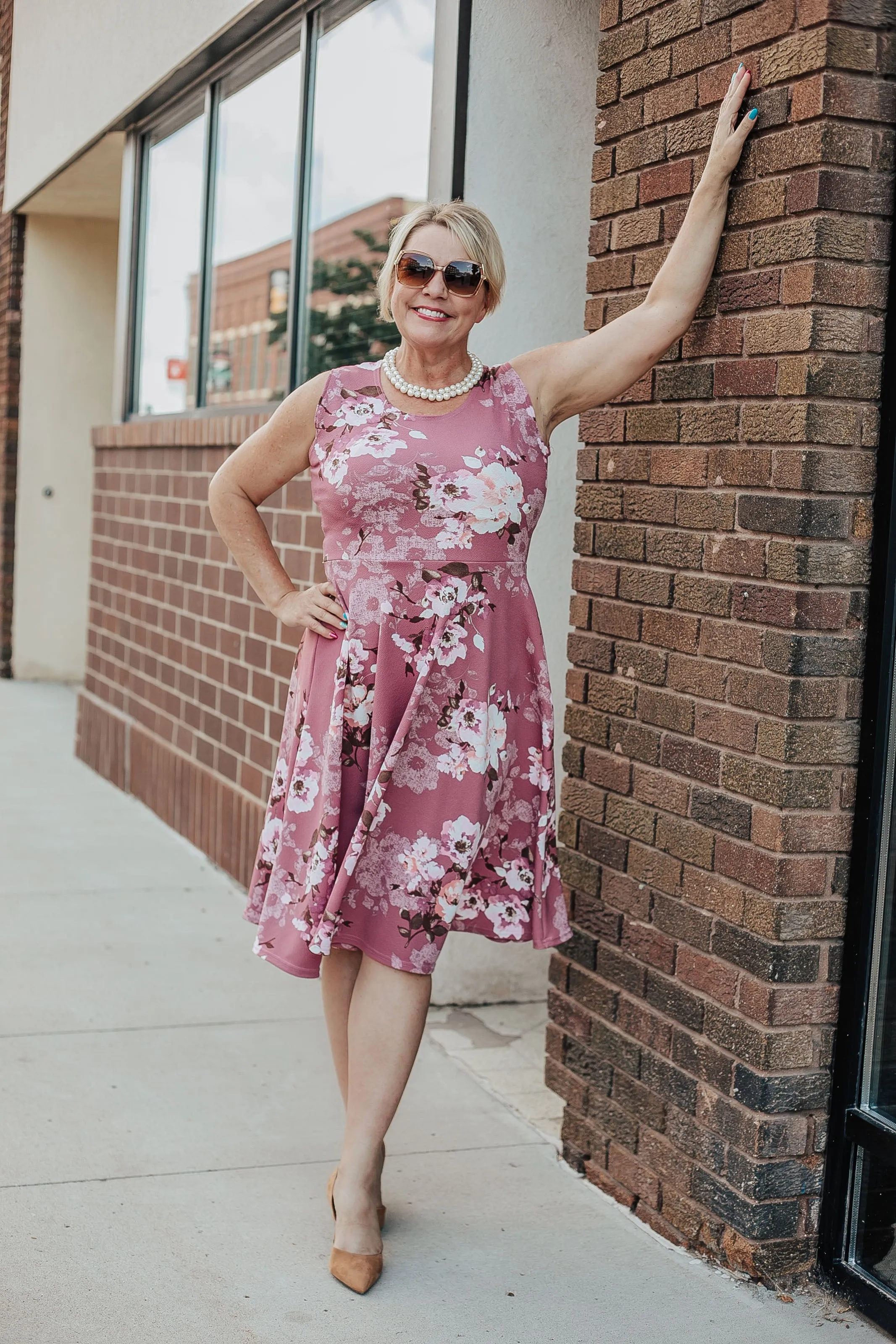 Mauve Purple and Pink Floral Midi Fit n Flare Dress