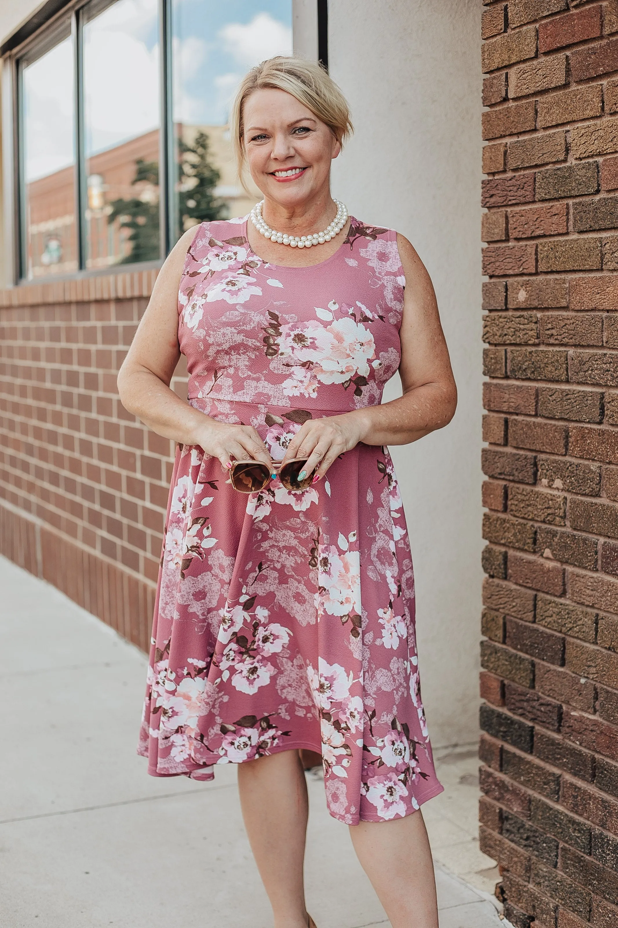 Mauve Purple and Pink Floral Midi Fit n Flare Dress