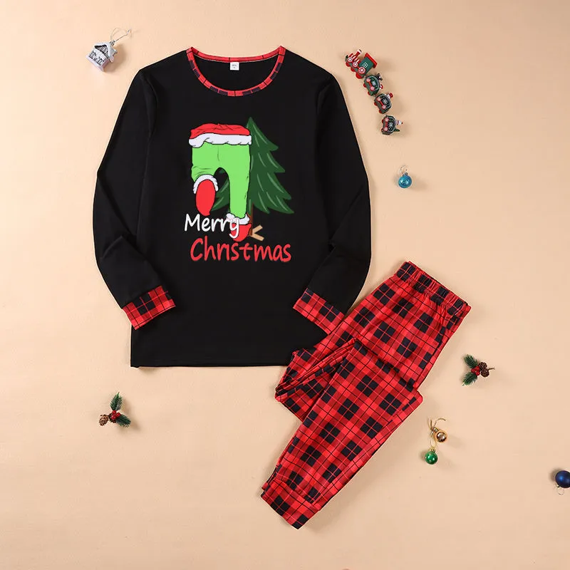 Merry Christmas family pajamas set with Grinch print plaid