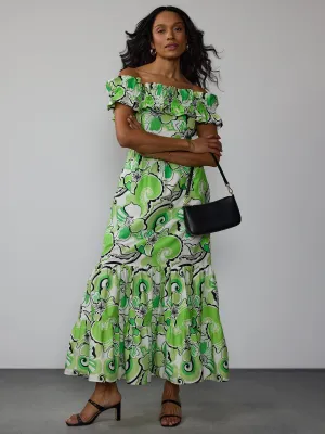 Off Shoulder Smock Back Floral Maxi Dress