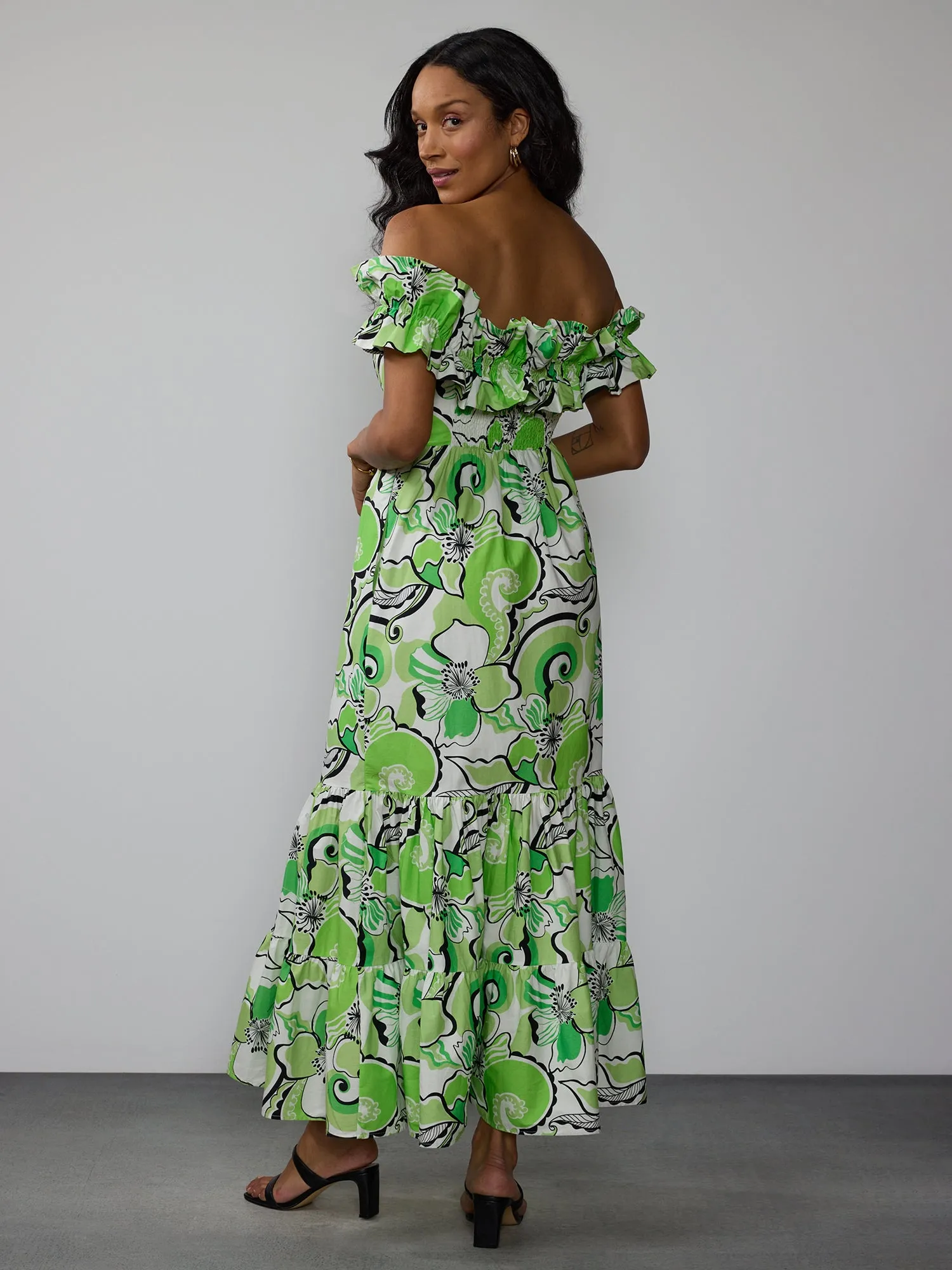 Off Shoulder Smock Back Floral Maxi Dress