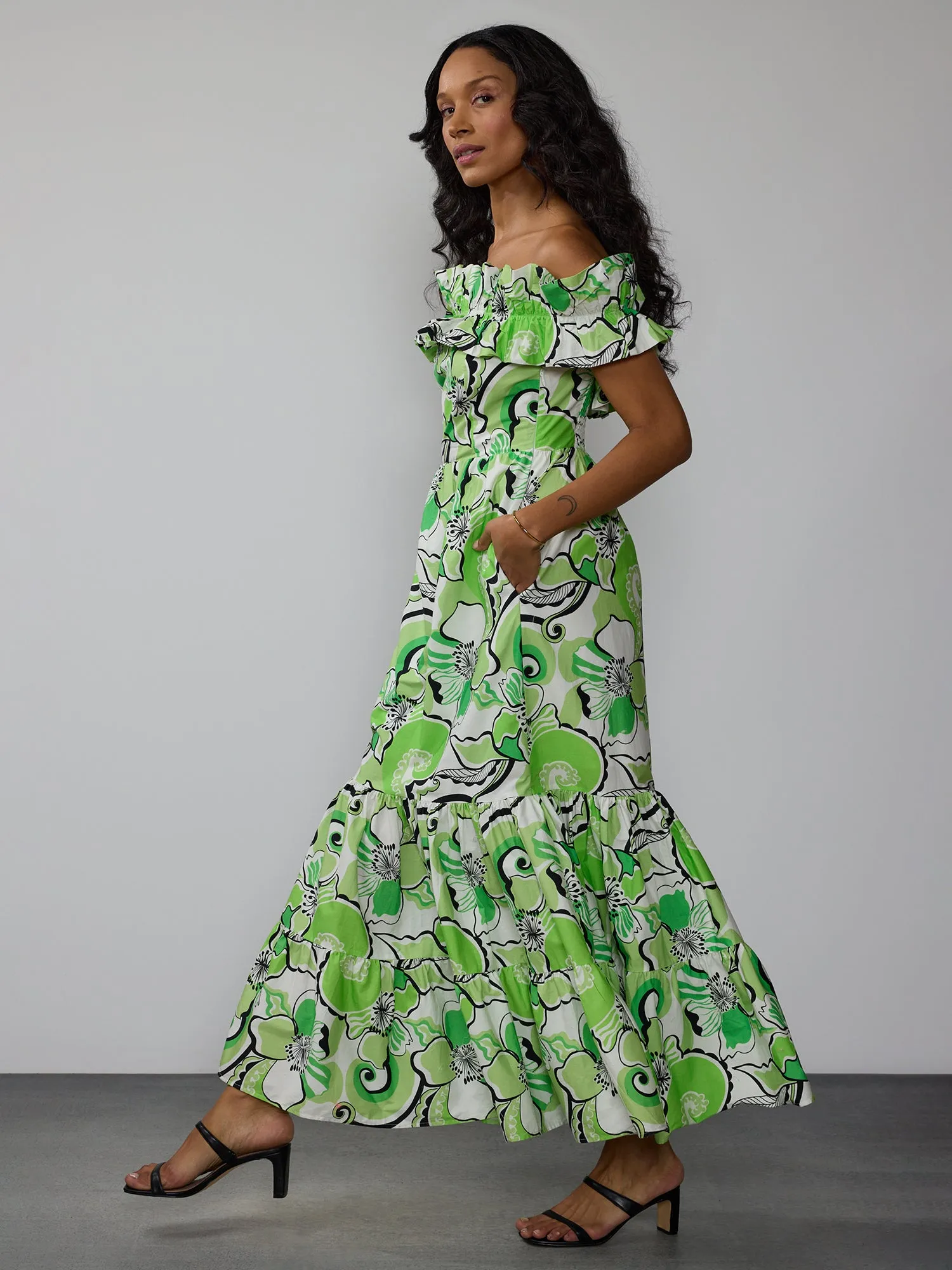 Off Shoulder Smock Back Floral Maxi Dress