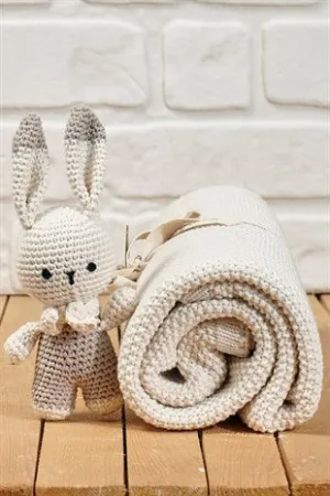 Organic Baby Blanket With Crochet Baby Soft Beige Rabbit Soft Toy