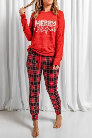 Red "MERRY Christmas" Graphic Plaid Pajama Set