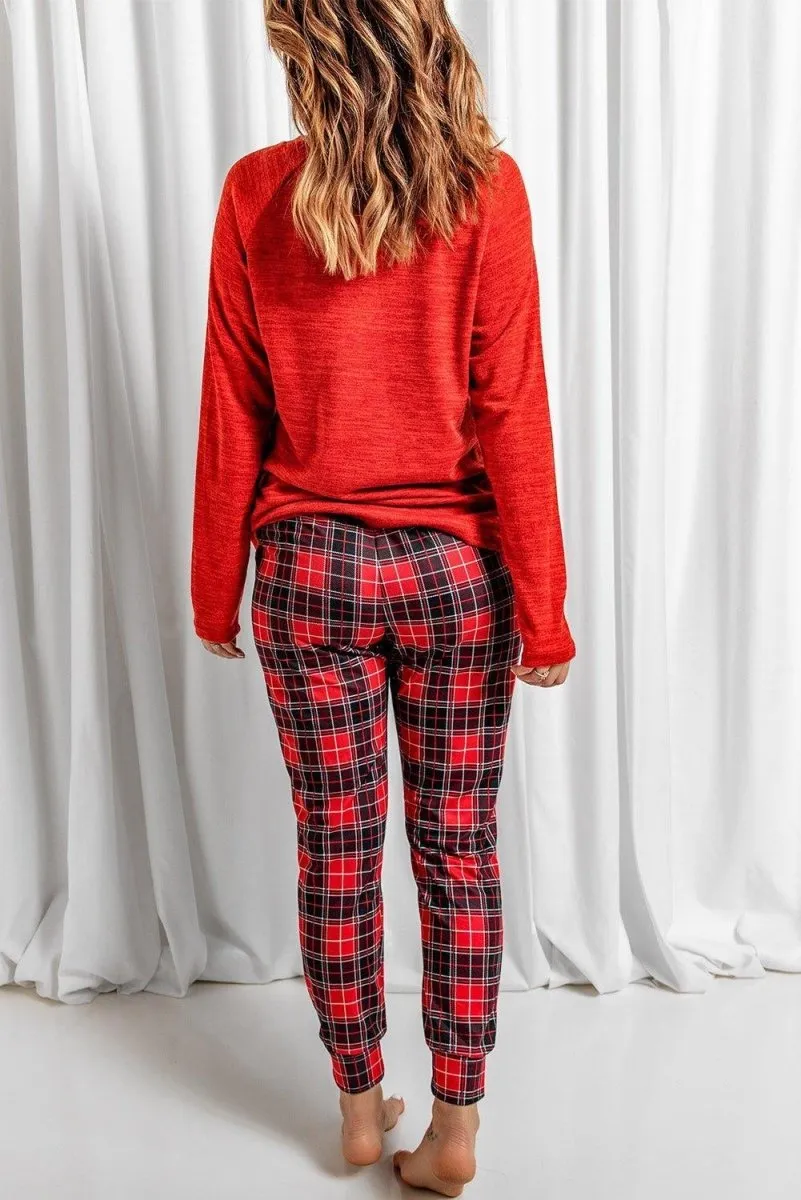 Red "MERRY Christmas" Graphic Plaid Pajama Set