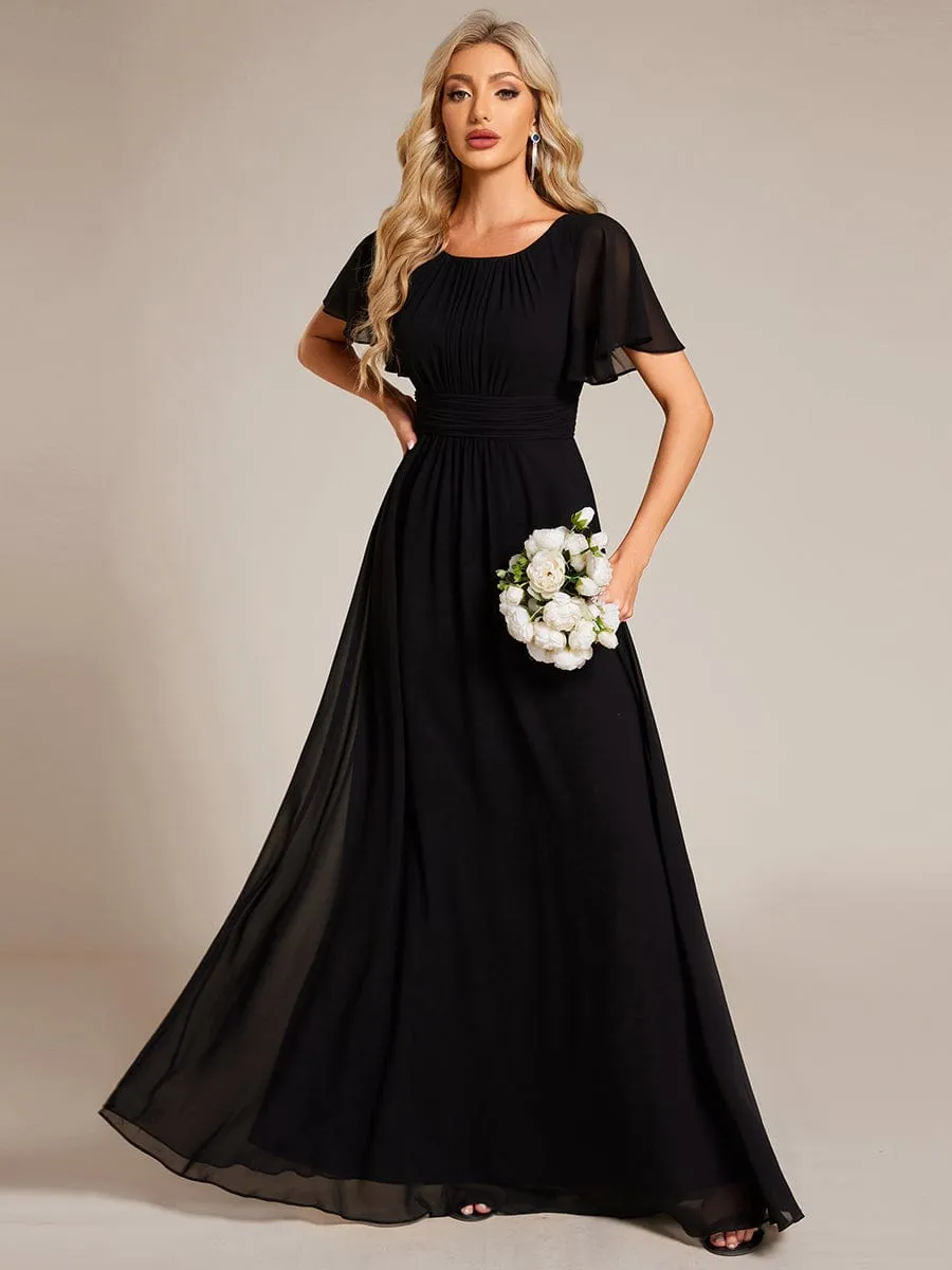 Simple Chiffon Pleated A-Line Round Neckline Dress in Black