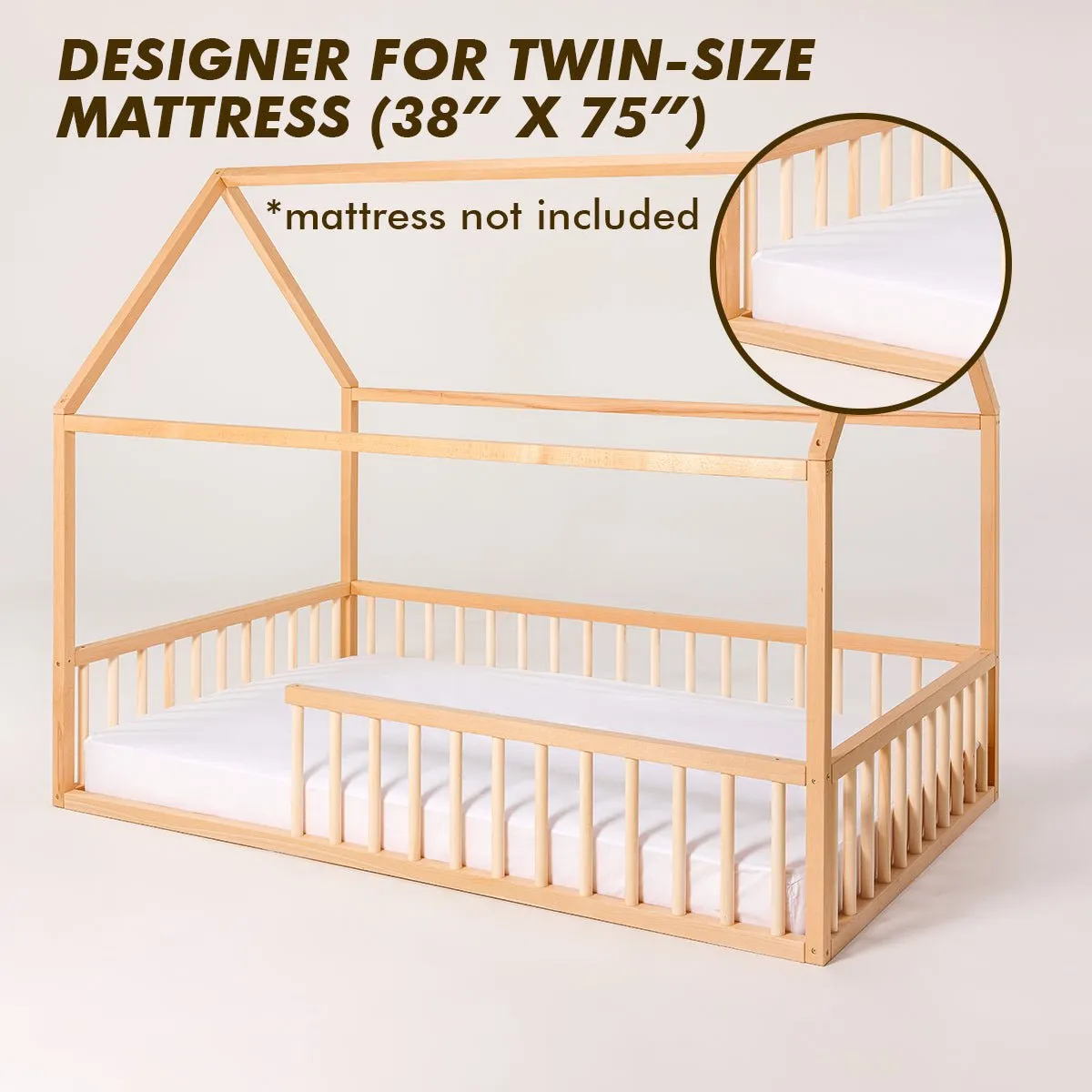 Twin Size Montessori House Bed for Kids with Fence (75x38 inch)