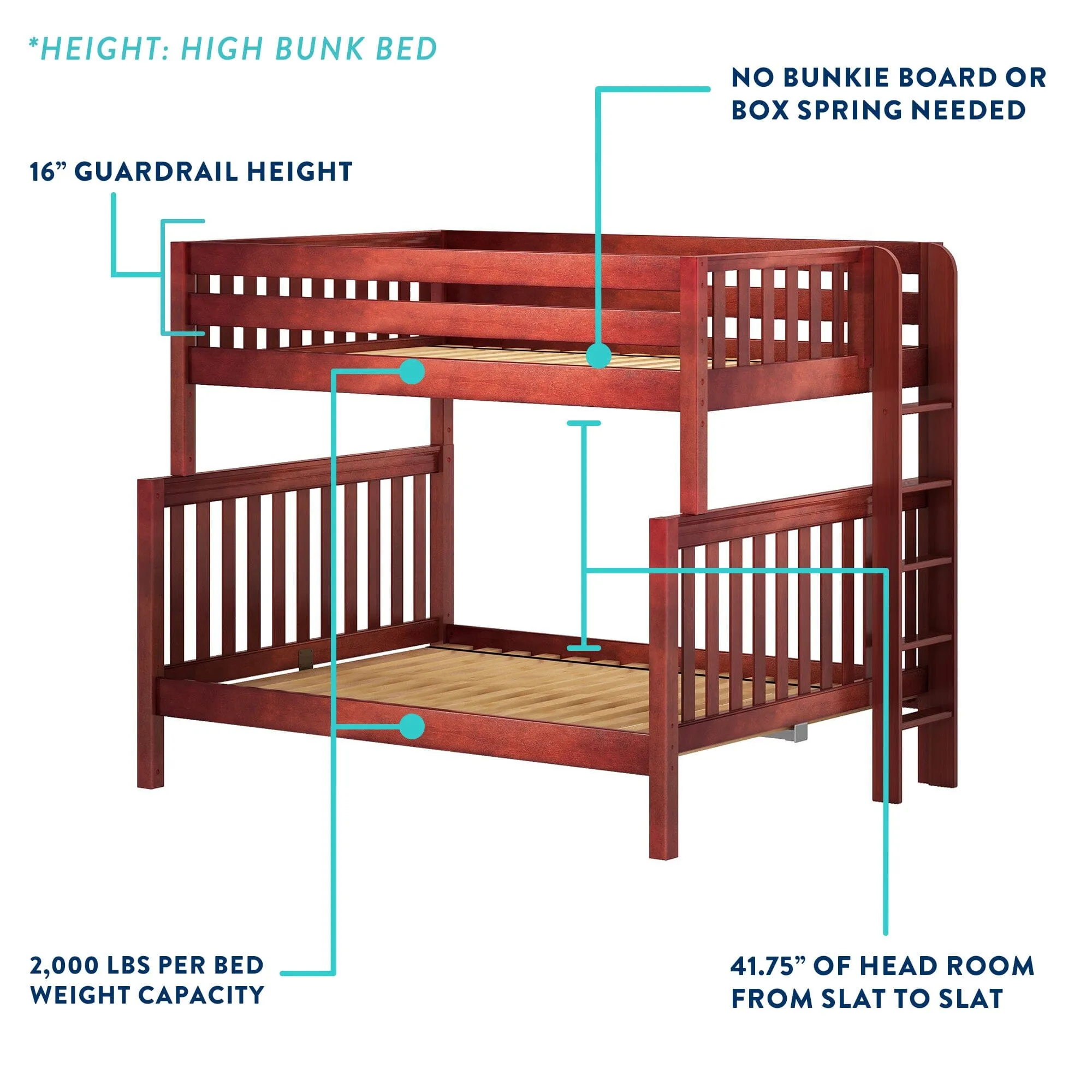 Twin XL over Full XL High Bunk Bed with Straight Ladder on End