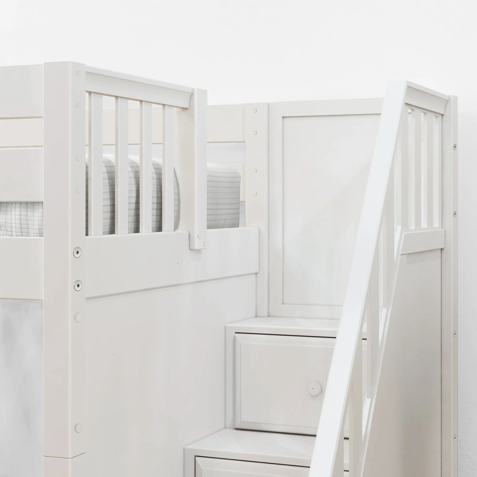 Twin XL over Queen   Twin XL High Corner Loft Bunk with Angled Ladder and Stairs on Left