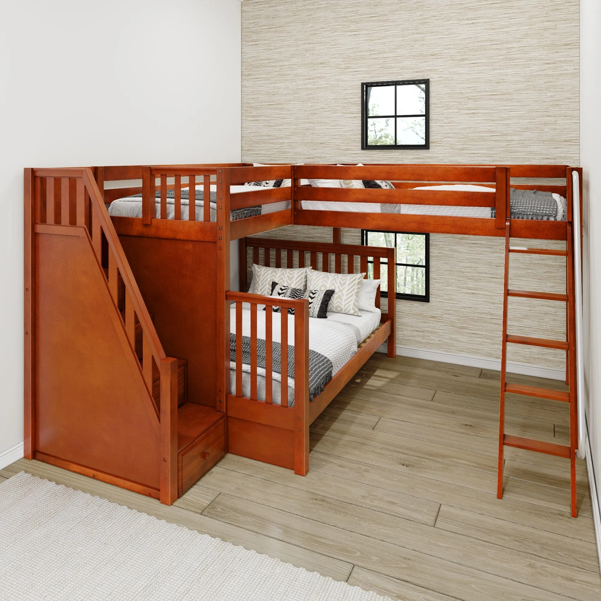 Twin XL over Queen   Twin XL High Corner Loft Bunk with Angled Ladder and Stairs on Left