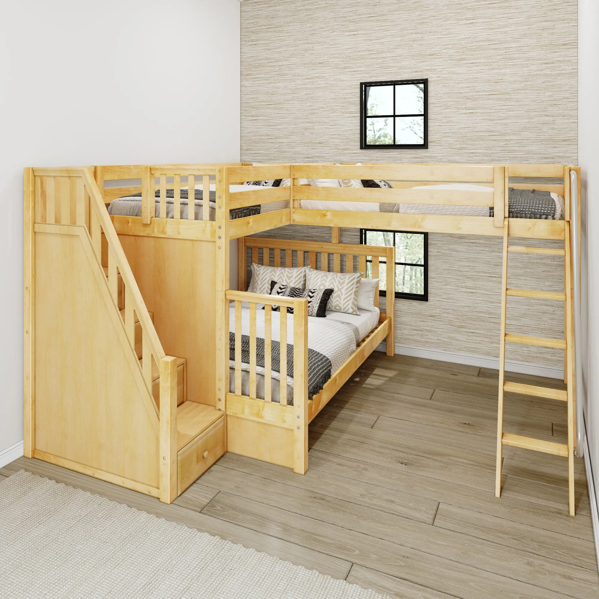 Twin XL over Queen   Twin XL High Corner Loft Bunk with Angled Ladder and Stairs on Left