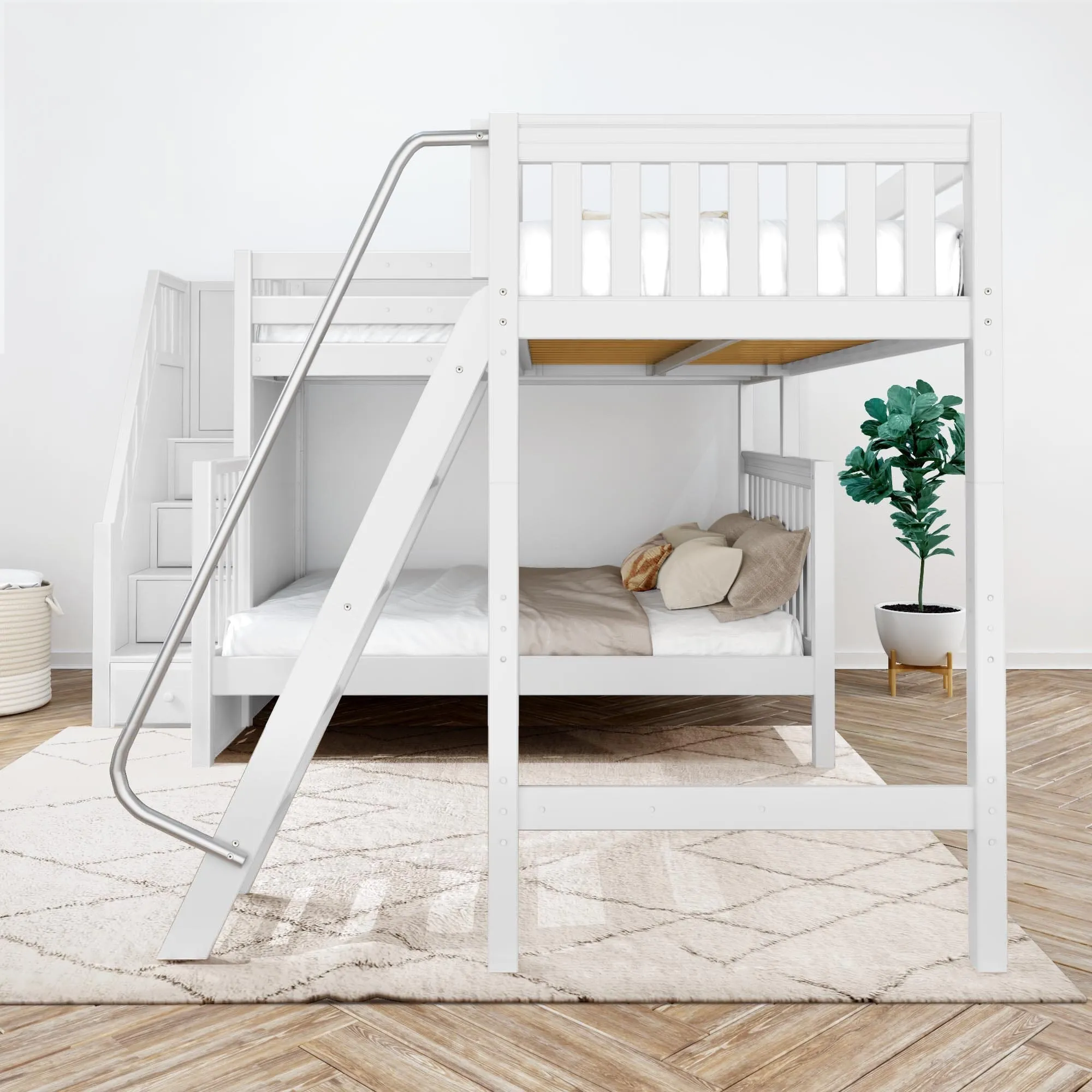 Twin XL over Queen   Twin XL High Corner Loft Bunk with Angled Ladder and Stairs on Left