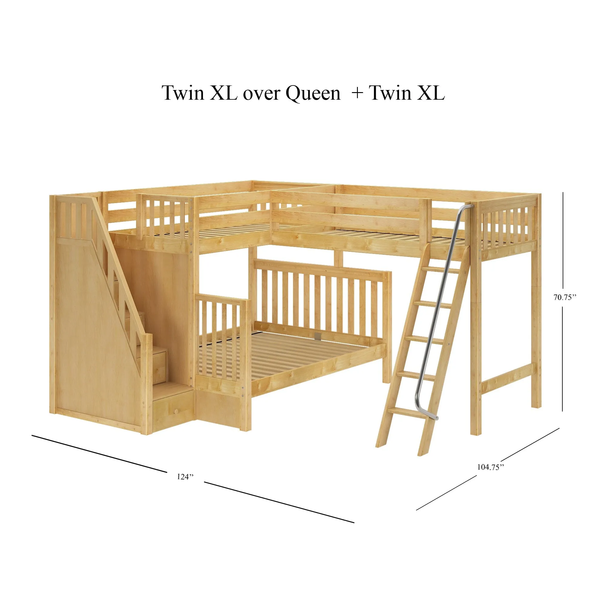 Twin XL over Queen   Twin XL High Corner Loft Bunk with Angled Ladder and Stairs on Left