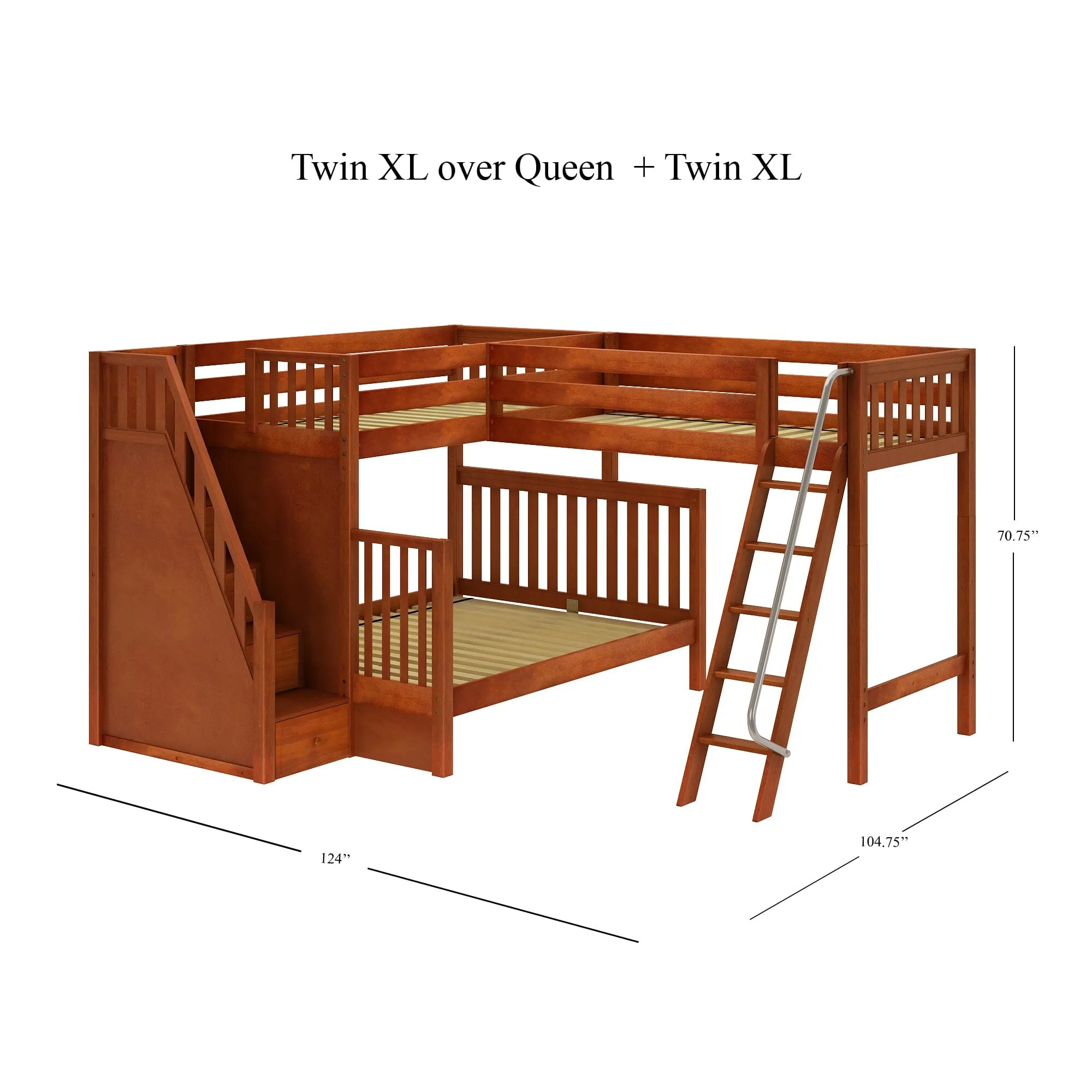 Twin XL over Queen   Twin XL High Corner Loft Bunk with Angled Ladder and Stairs on Left