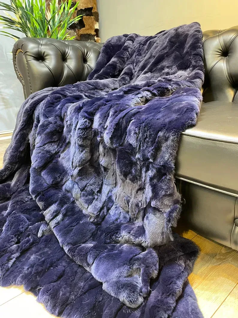 Unique Handmade Natural Rabbit fur Blanket, Fluffy Ultra Soft Throw