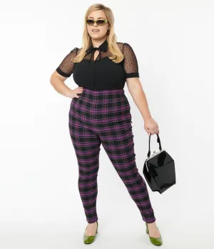 Unique Vintage Plus Size 1970s Purple & Black Plaid Rizzo Cigarette Pants