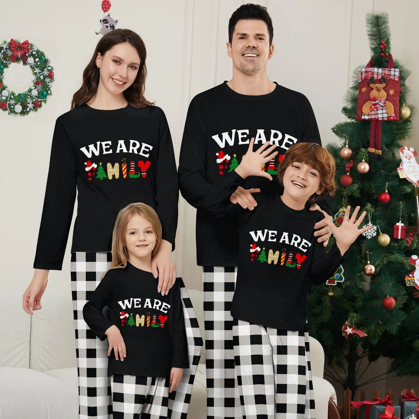 “We Are Family” Long Sleeve Monogrammed Plaid Parent-Child Pajamas