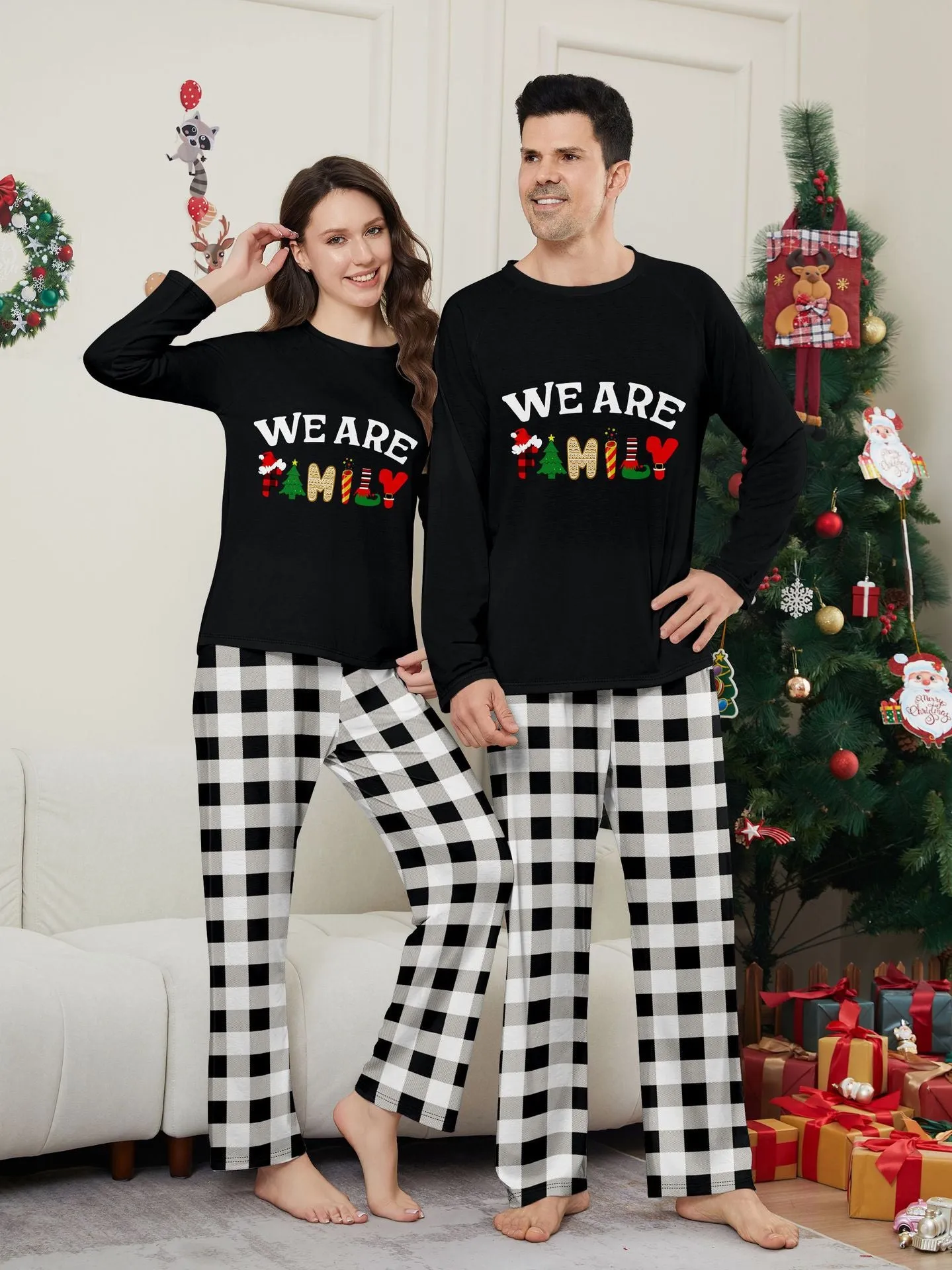 “We Are Family” Long Sleeve Monogrammed Plaid Parent-Child Pajamas