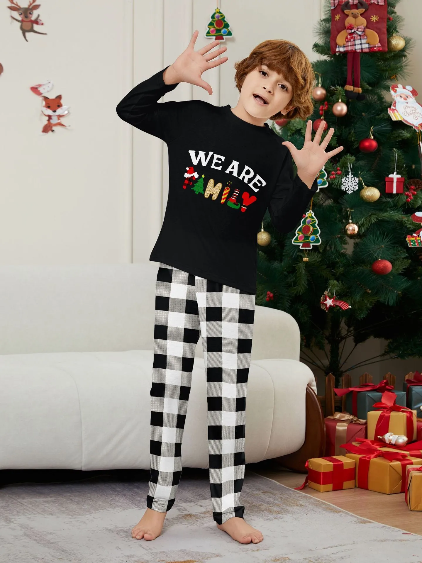 “We Are Family” Long Sleeve Monogrammed Plaid Parent-Child Pajamas