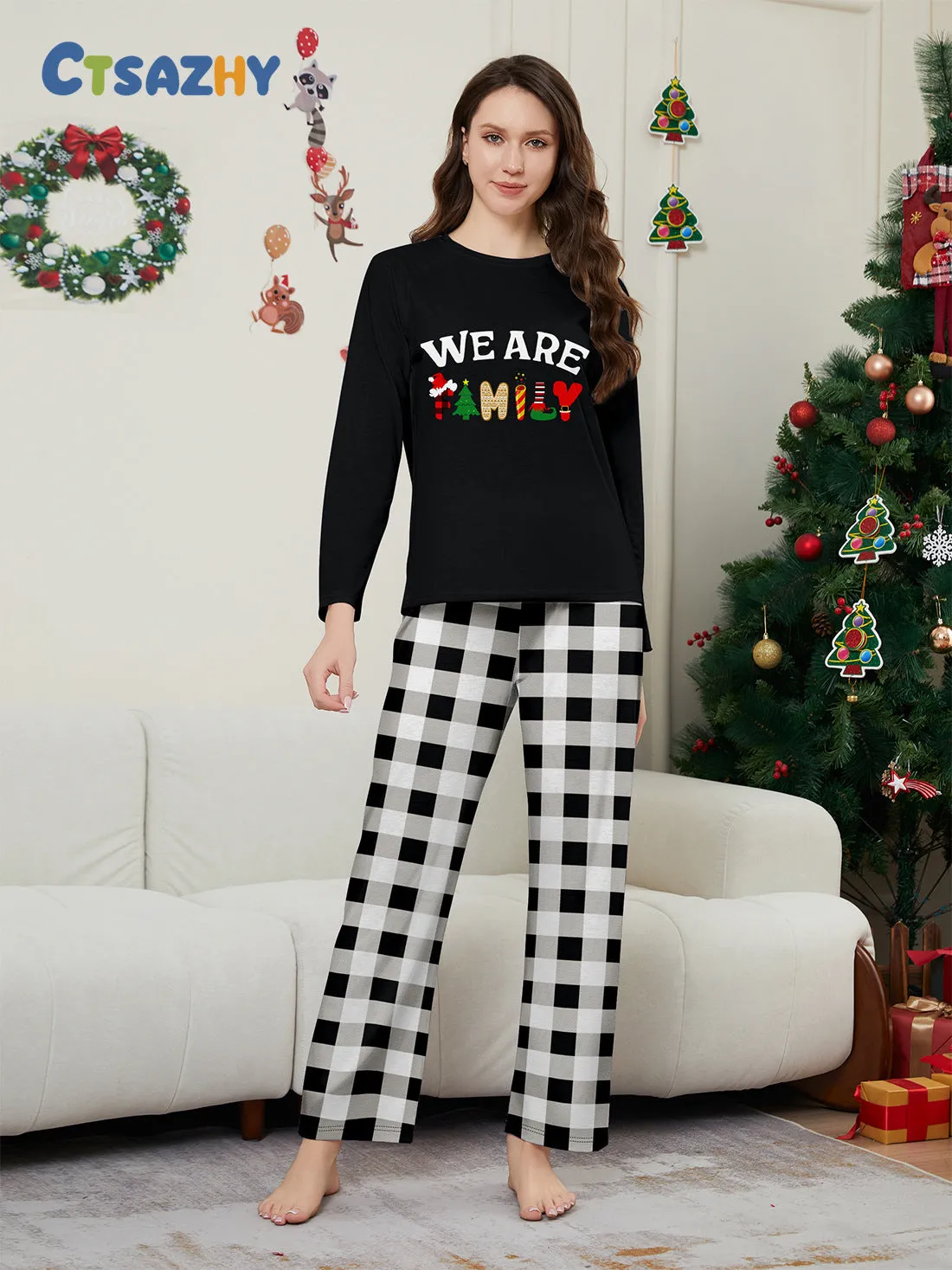 “We Are Family” Long Sleeve Monogrammed Plaid Parent-Child Pajamas