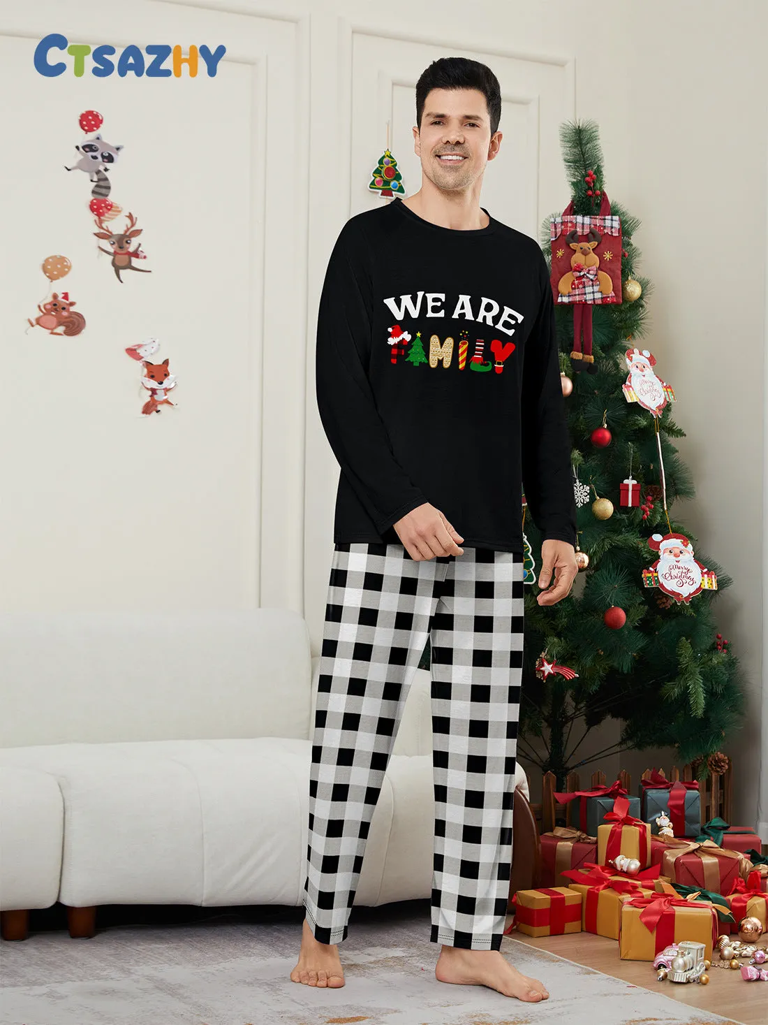 “We Are Family” Long Sleeve Monogrammed Plaid Parent-Child Pajamas