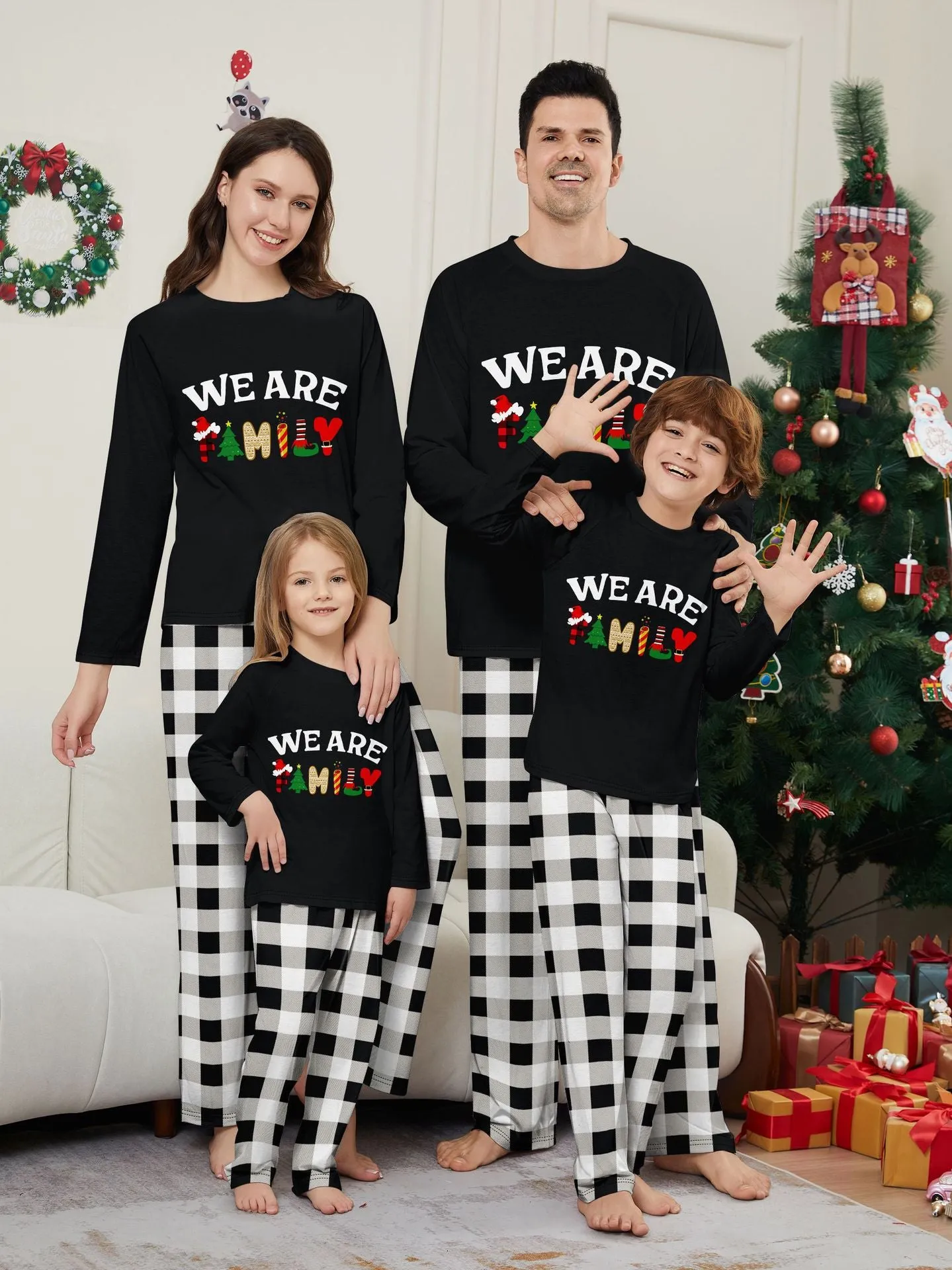 “We Are Family” Long Sleeve Monogrammed Plaid Parent-Child Pajamas